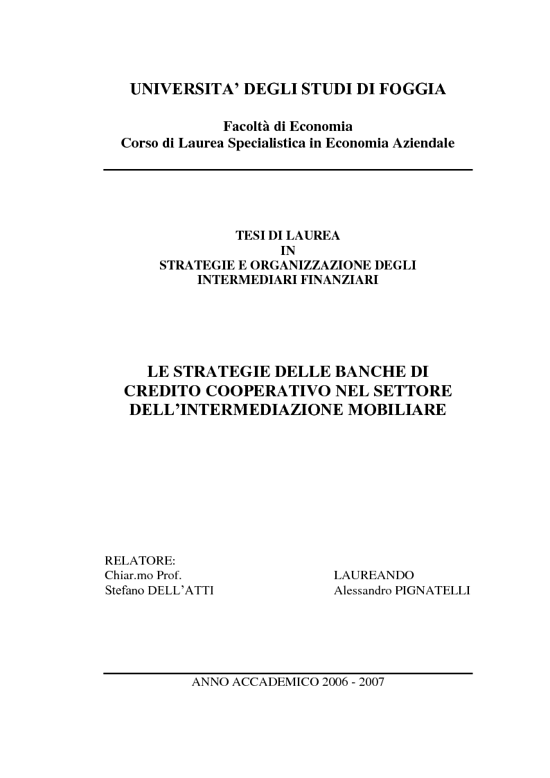 Anteprima della tesi: Le strategie delle banche di credito cooperativo nel settore dell'intermediazione mobiliare, Pagina 1