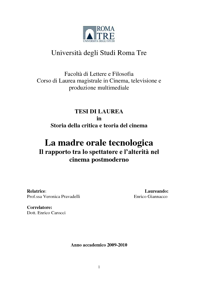Anteprima della tesi: La madre orale tecnologica. Il rapporto tra lo spettatore e l'alterità nel cinema postmoderno, Pagina 1