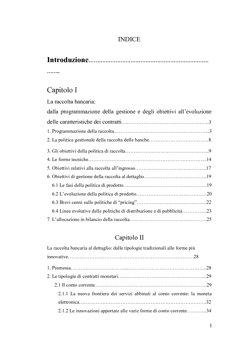 Indice della tesi: L'evoluzione delle forme di raccolta nelle banche, Pagina 1
