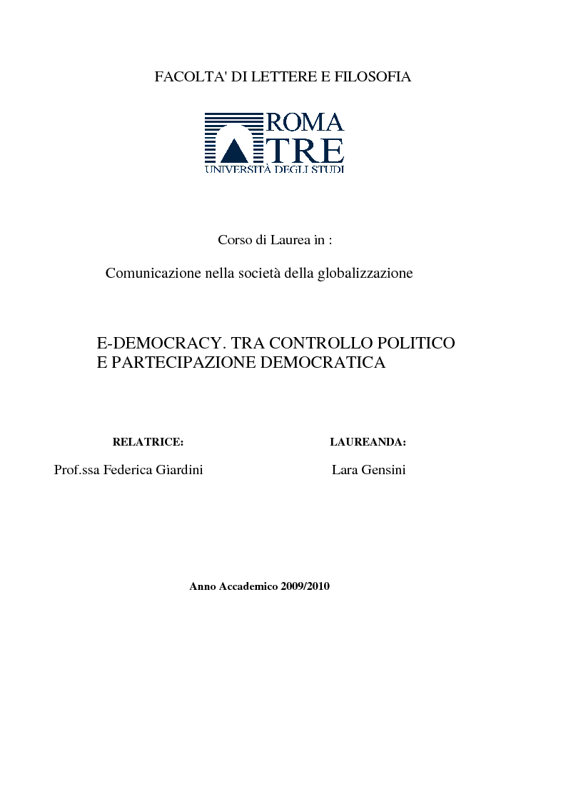 Anteprima della tesi: E-democracy. Tra controllo politico e new media., Pagina 1