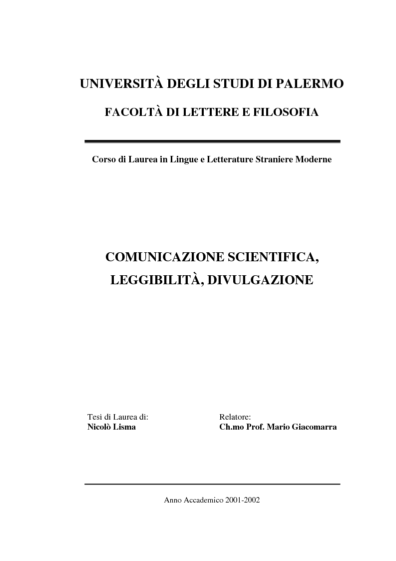 Anteprima della tesi: Comunicazione Scientifica, Leggibilità, Divulgazione, Pagina 1