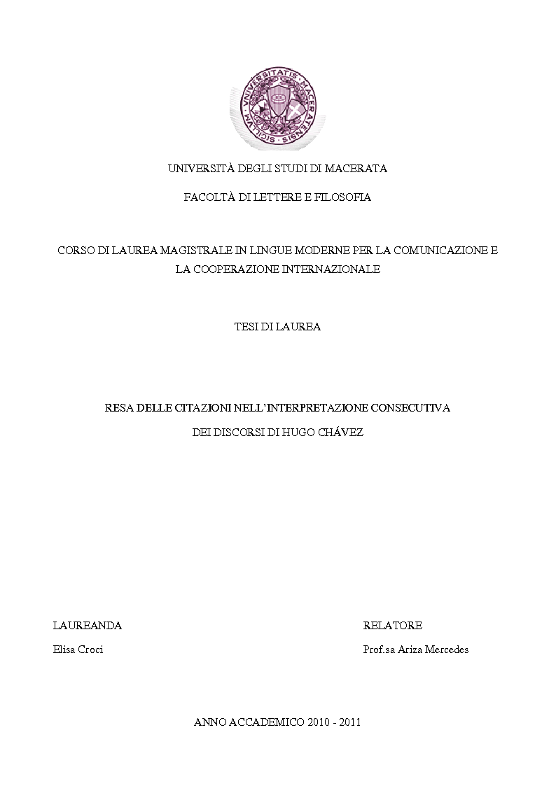 Anteprima della tesi: Resa delle citazioni nell'interpretazione consecutiva dei discorsi di Hugo Chávez, Pagina 1