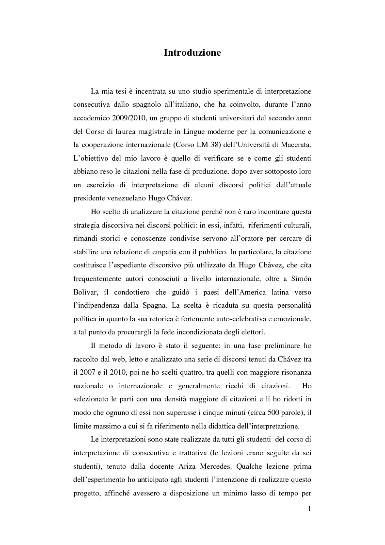 Anteprima della tesi: Resa delle citazioni nell'interpretazione consecutiva dei discorsi di Hugo Chávez, Pagina 4