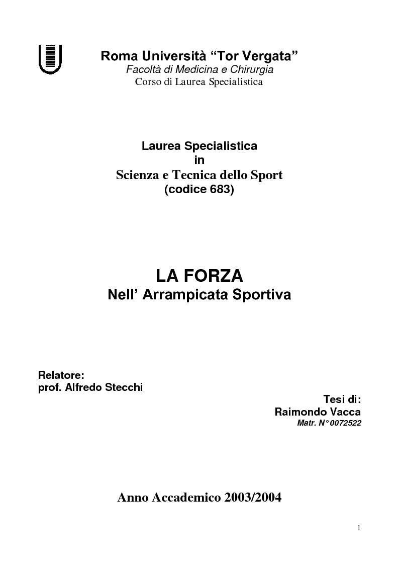 Anteprima della tesi: La Forza nell'Arrampicata Sportiva, Pagina 1