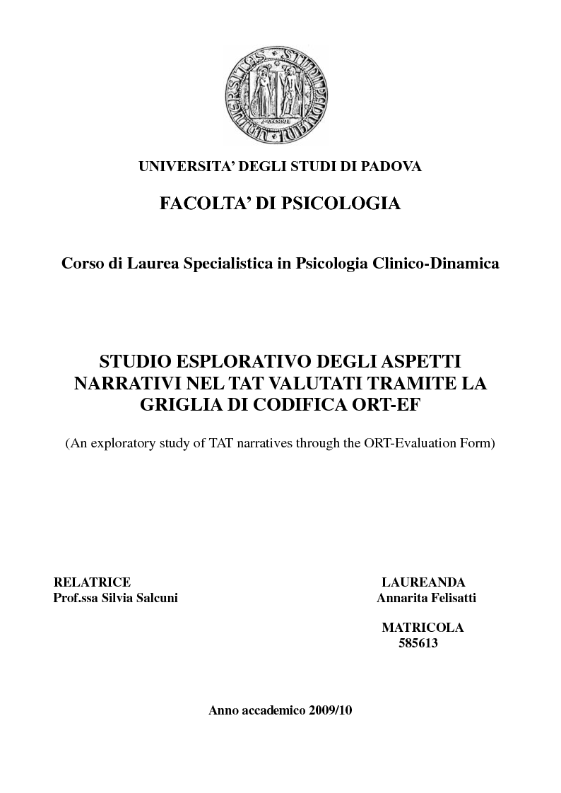 Anteprima della tesi: Studio esplorativo degli aspetti narrativi nel TAT valutati tramite la griglia di codifica ORT-EF, Pagina 1