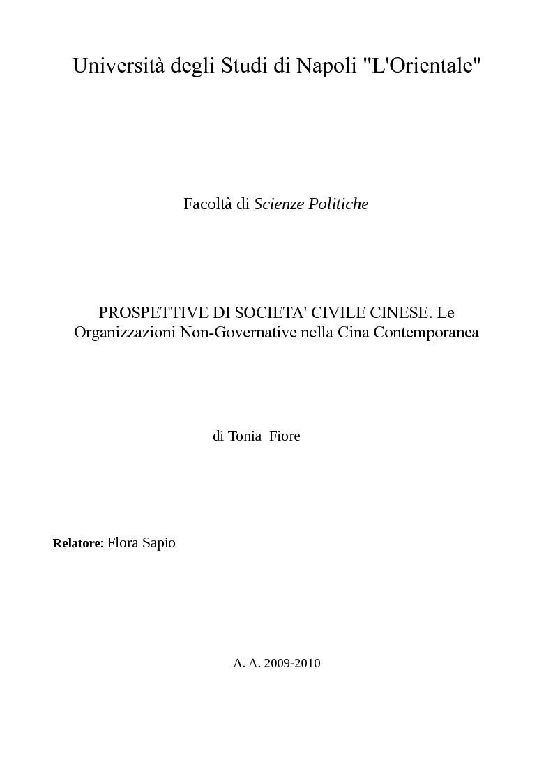 Anteprima della tesi: Prospettive di società civile cinese. Le Organizzazioni Non-Governative nella Cina Contemporanea., Pagina 1