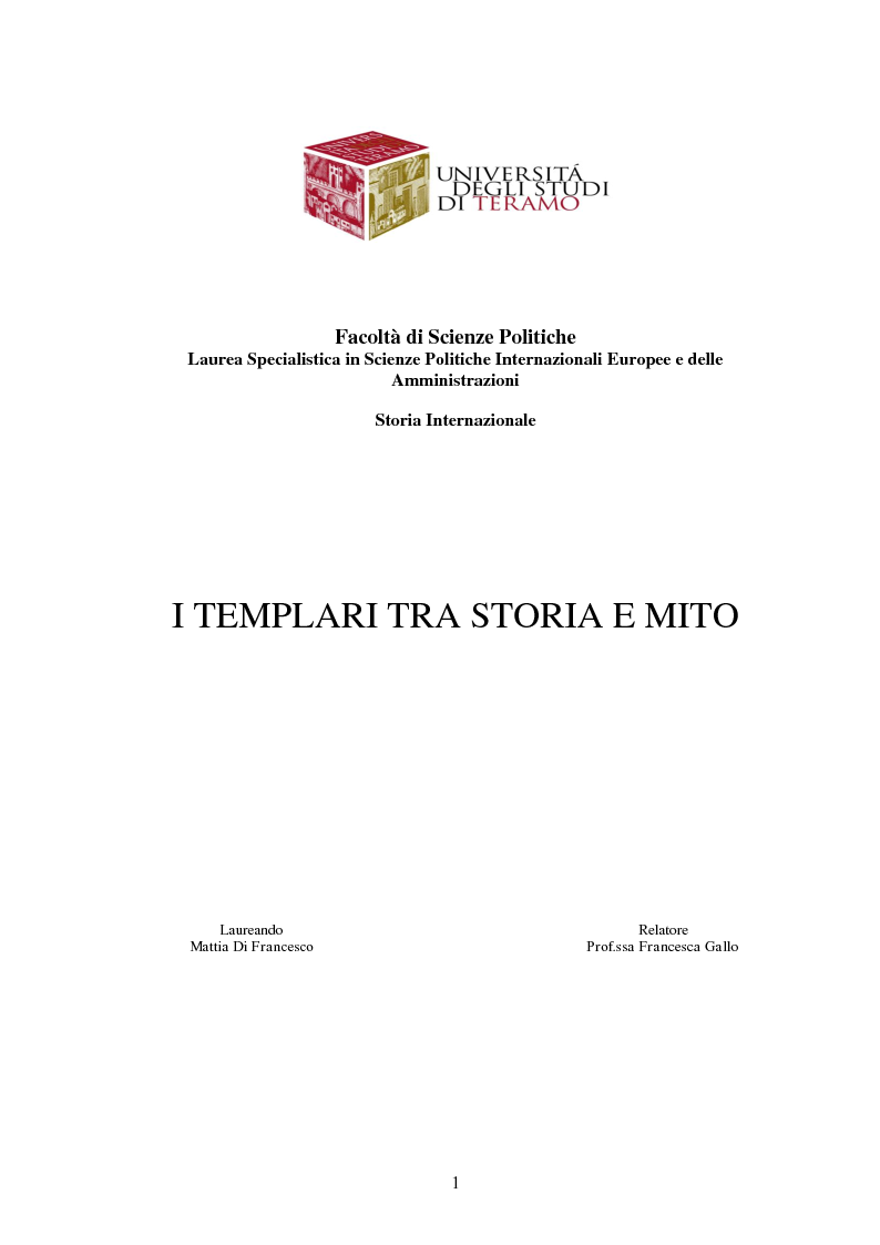 Anteprima della tesi: I Templari tra Storia e Mito, Pagina 1
