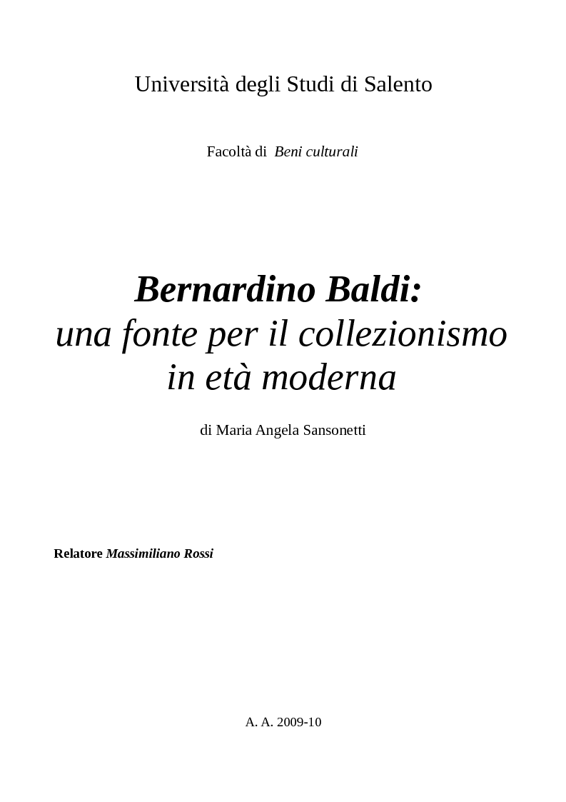 Anteprima della tesi: Bernardino Baldi: una fonte per il collezionismo in età moderna, Pagina 1