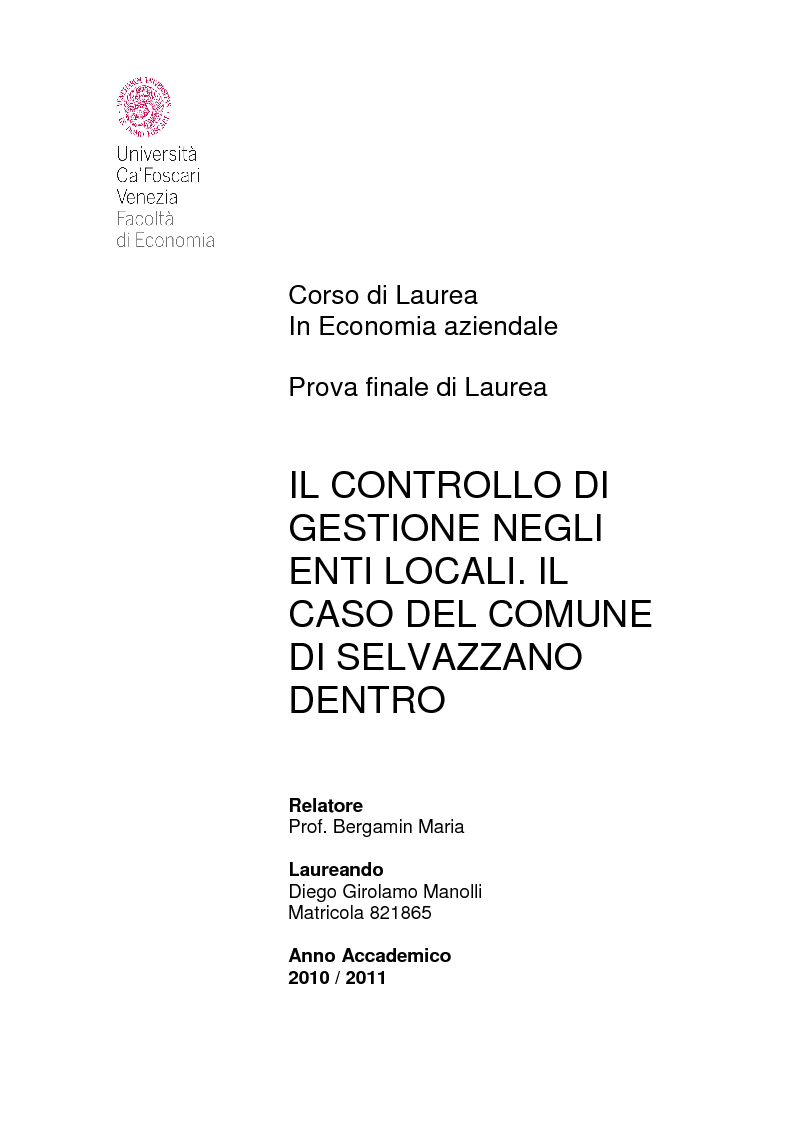 Anteprima della tesi: Il controllo di gestione negli enti locali. Il caso del comune di Selvazzano Dentro., Pagina 1