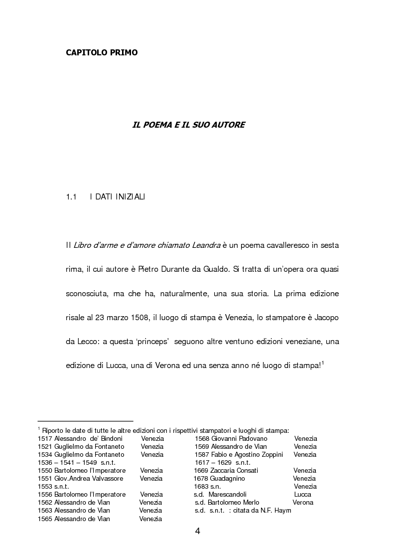 Anteprima della tesi: Un poema cavalleresco in sesta rima: Il libro d'arme e d'amore chiamato ''Leandra'' di Pietro Durante da Gualdo, Pagina 6
