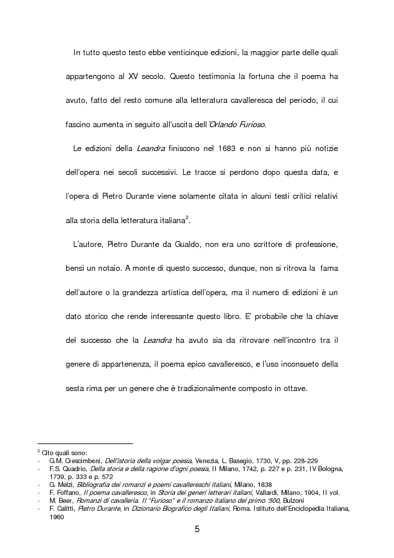 Anteprima della tesi: Un poema cavalleresco in sesta rima: Il libro d'arme e d'amore chiamato ''Leandra'' di Pietro Durante da Gualdo, Pagina 7