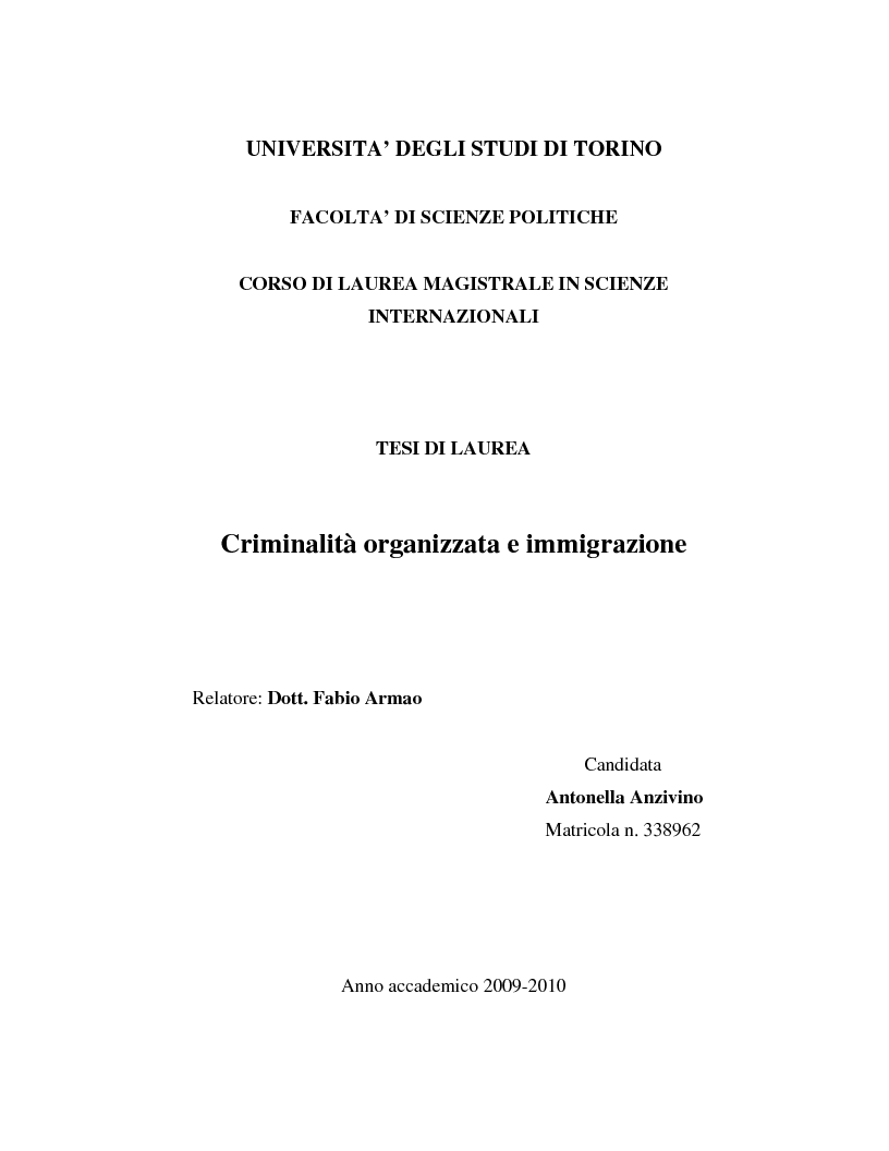 Anteprima della tesi: Criminalità organizzata e immigrazione, Pagina 1