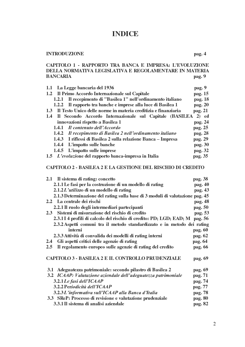 Indice della tesi: Il rapporto Banca e Impresa nel merito creditizio secondo i Principi di Basilea 2, Pagina 1