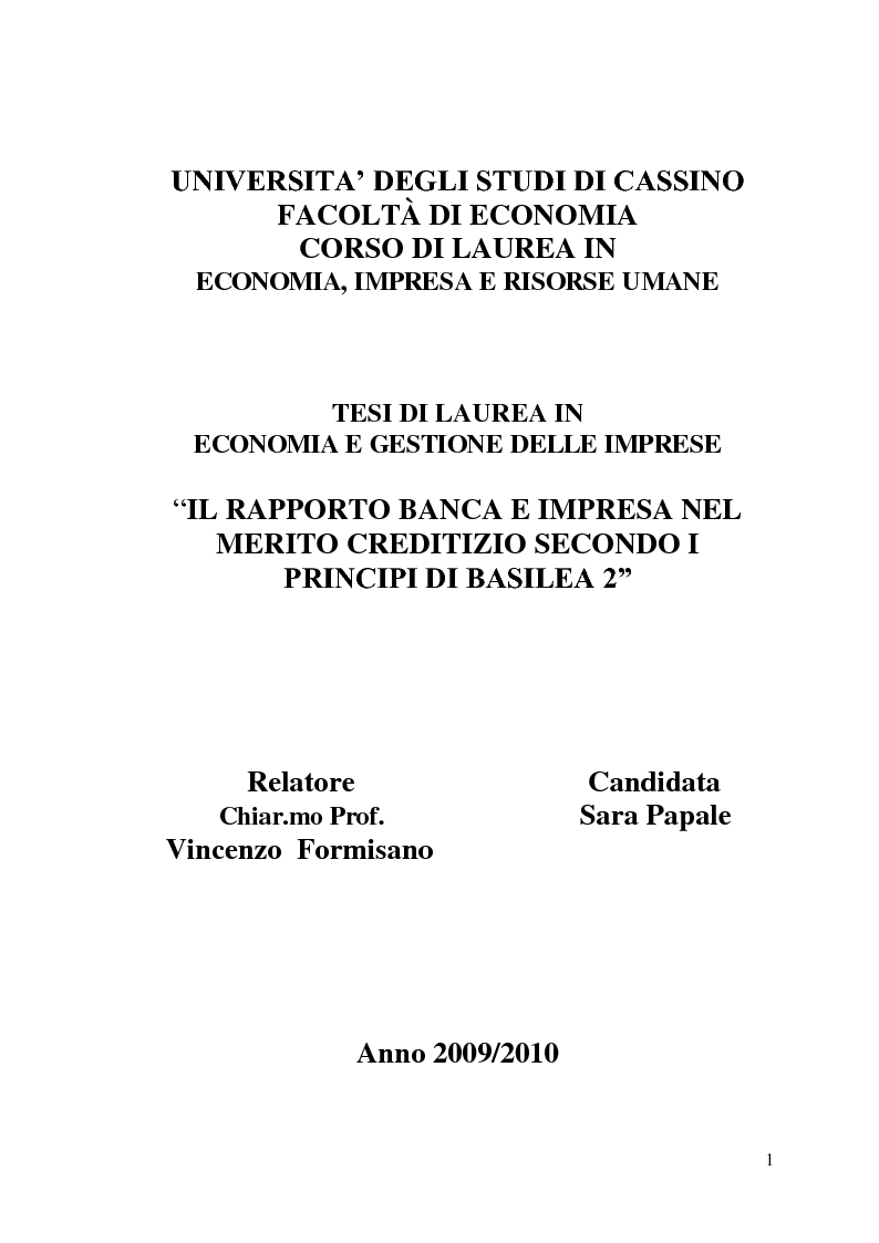 Anteprima della tesi: Il rapporto Banca e Impresa nel merito creditizio secondo i Principi di Basilea 2, Pagina 1