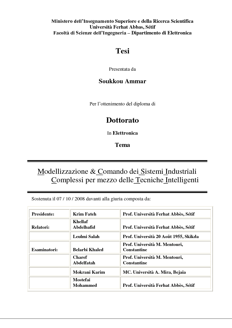 Anteprima della tesi: Modellizzazione & comando dei sistemi industriali complessi per mezzo delle tecniche intelligenti, Pagina 1