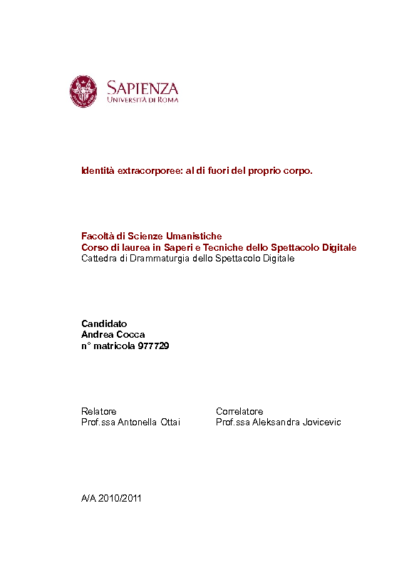 Anteprima della tesi: Identità extracorporee: al di fuori del proprio corpo, Pagina 1