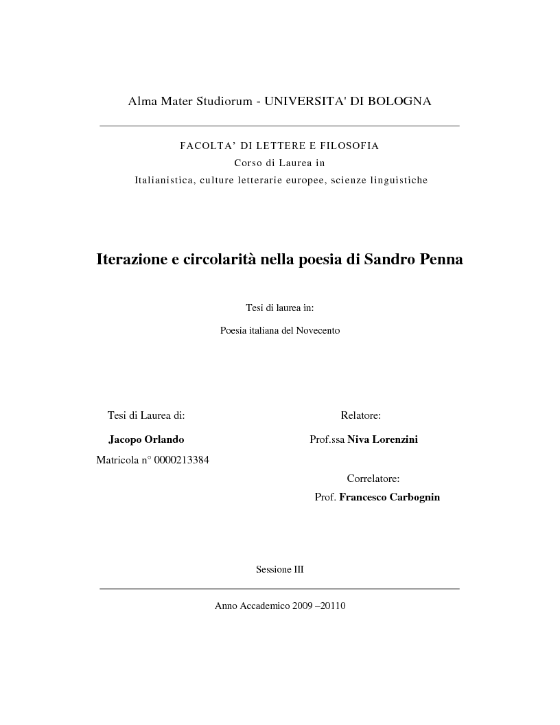 Anteprima della tesi: Iterazione e circolarità nella poesia di Sandro Penna, Pagina 1