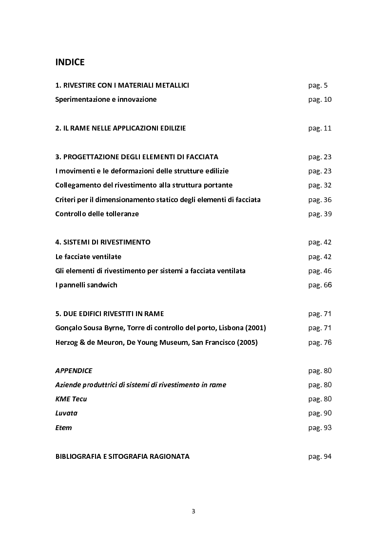 Indice della tesi: Rivestimenti di facciata in rame. Tecniche esecutive e applicazioni, Pagina 1