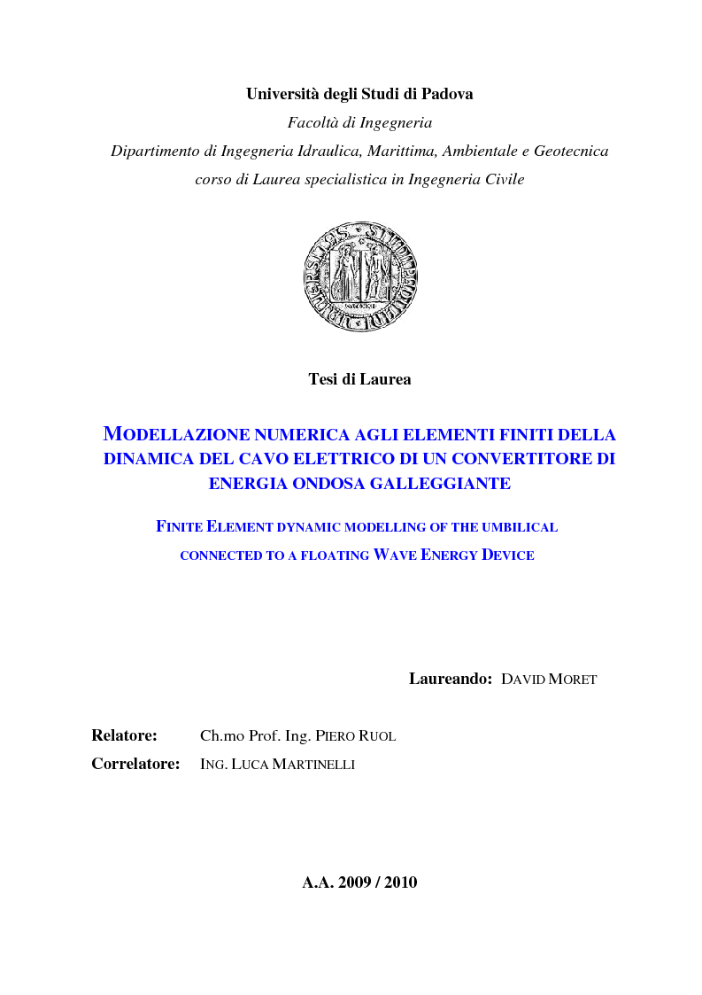 Anteprima della tesi: Modellazione numerica agli Elementi Finiti della dinamica del cavo elettrico di un convertitore di energia ondosa galleggiante, Pagina 1