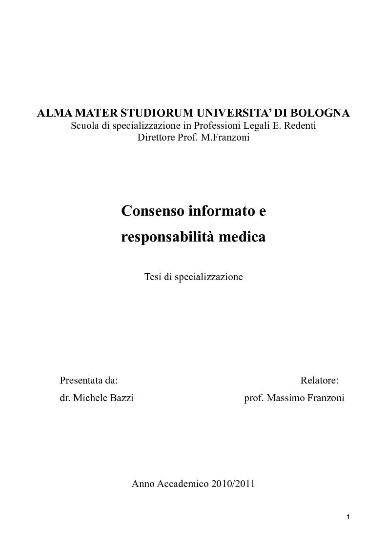Anteprima della tesi: Consenso informato e responsabilità medica, Pagina 1