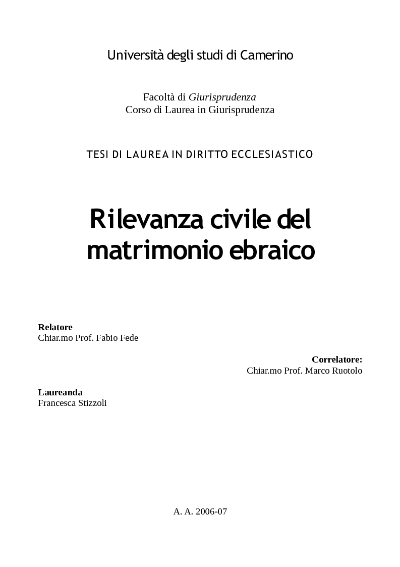 Anteprima della tesi: Rilevanza civile del matrimonio ebraico, Pagina 1