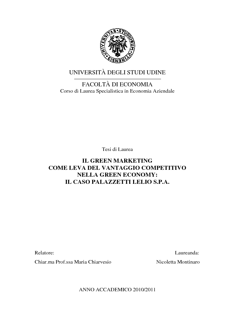 Anteprima della tesi: Il green marketing come leva del vantaggio competitivo nella green economy: il caso Palazzetti Lelio S.p.A., Pagina 1