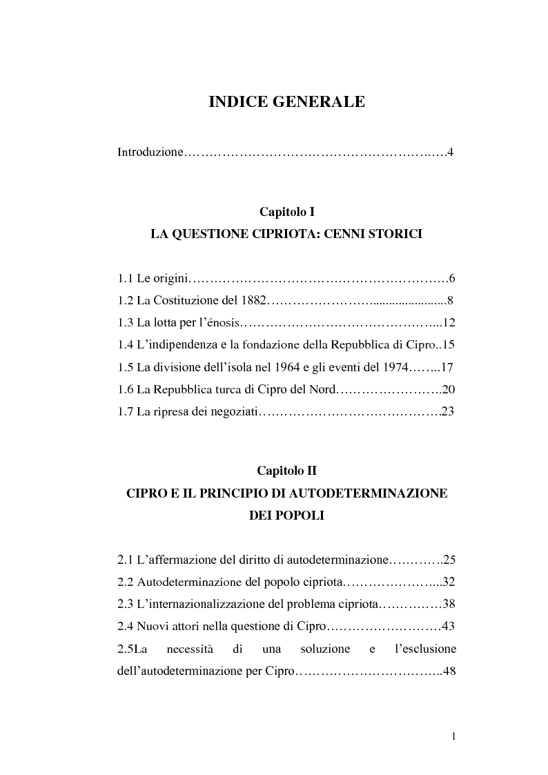 Indice della tesi: La questione cipriota nel contesto delle Nazioni Unite, Pagina 1