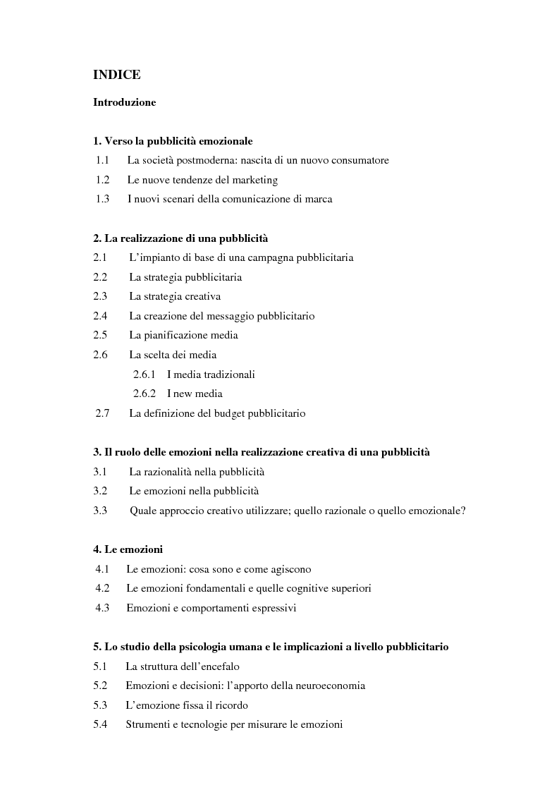 Indice della tesi: Il ruolo delle emozioni in pubblicità: analisi del caso aziendale CheBanca!, Pagina 1