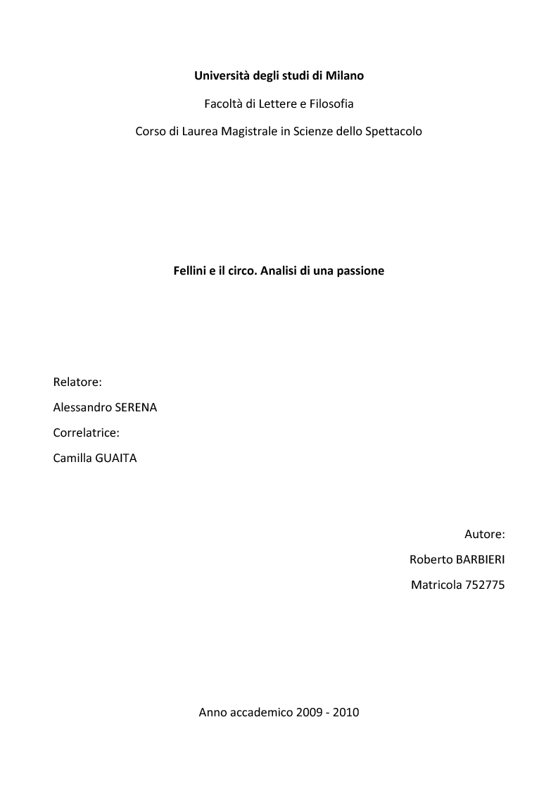 Anteprima della tesi: Fellini e il circo. Analisi di una passione, Pagina 1