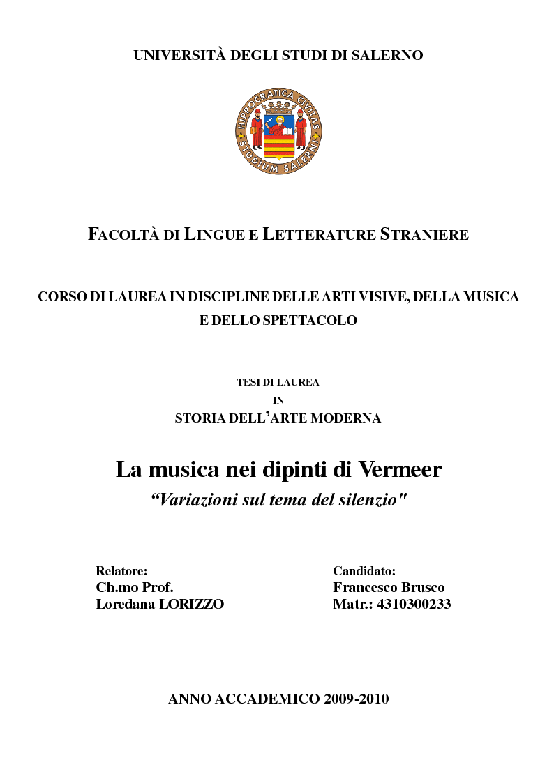 Anteprima della tesi: La musica nei dipinti di Vermeer: Variazioni sul tema del silenzio, Pagina 1