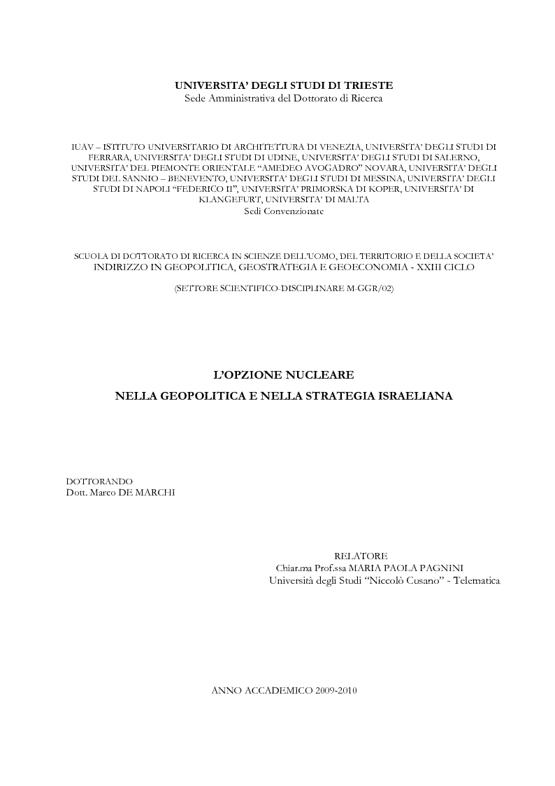 Anteprima della tesi: L'opzione nucleare nella geopolitica e nella strategia israeliana, Pagina 1