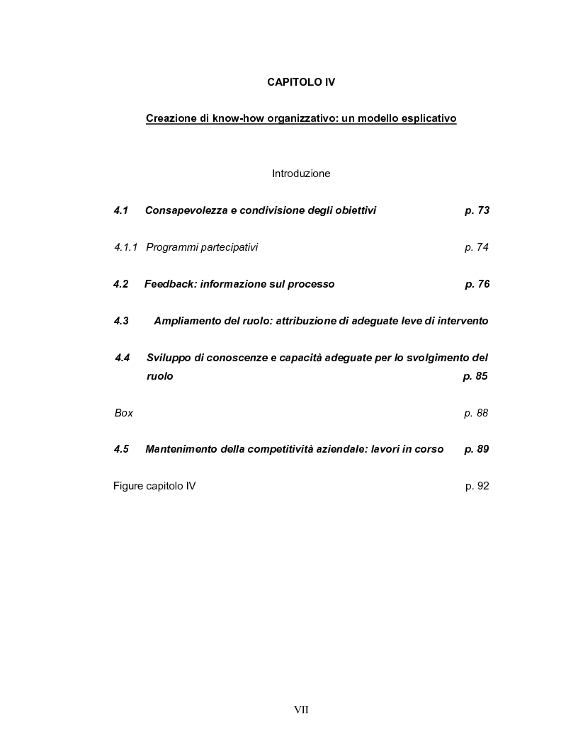Indice della tesi: Coinvolgimento e partecipazione del personale nello sviluppo delle competenze: persone motivate ad alta professionalità come valore strategico per la creazione di know-how organizzativo, Pagina 5