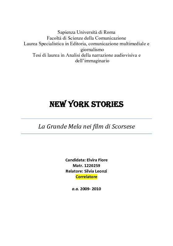 Anteprima della tesi: New York stories. La Grande Mela nei film di Scorsese., Pagina 1