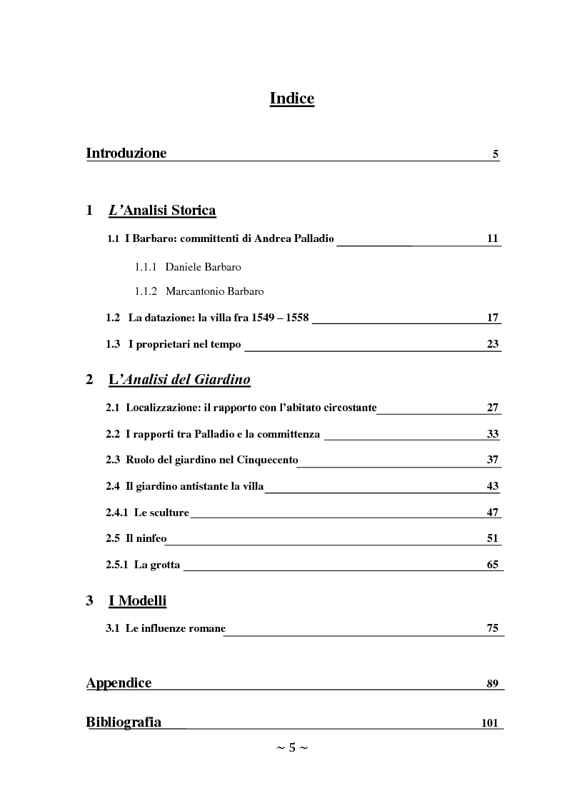 Indice della tesi: Il ninfeo di Villa Barbaro a Maser. Interpretazioni e problemi, Pagina 1