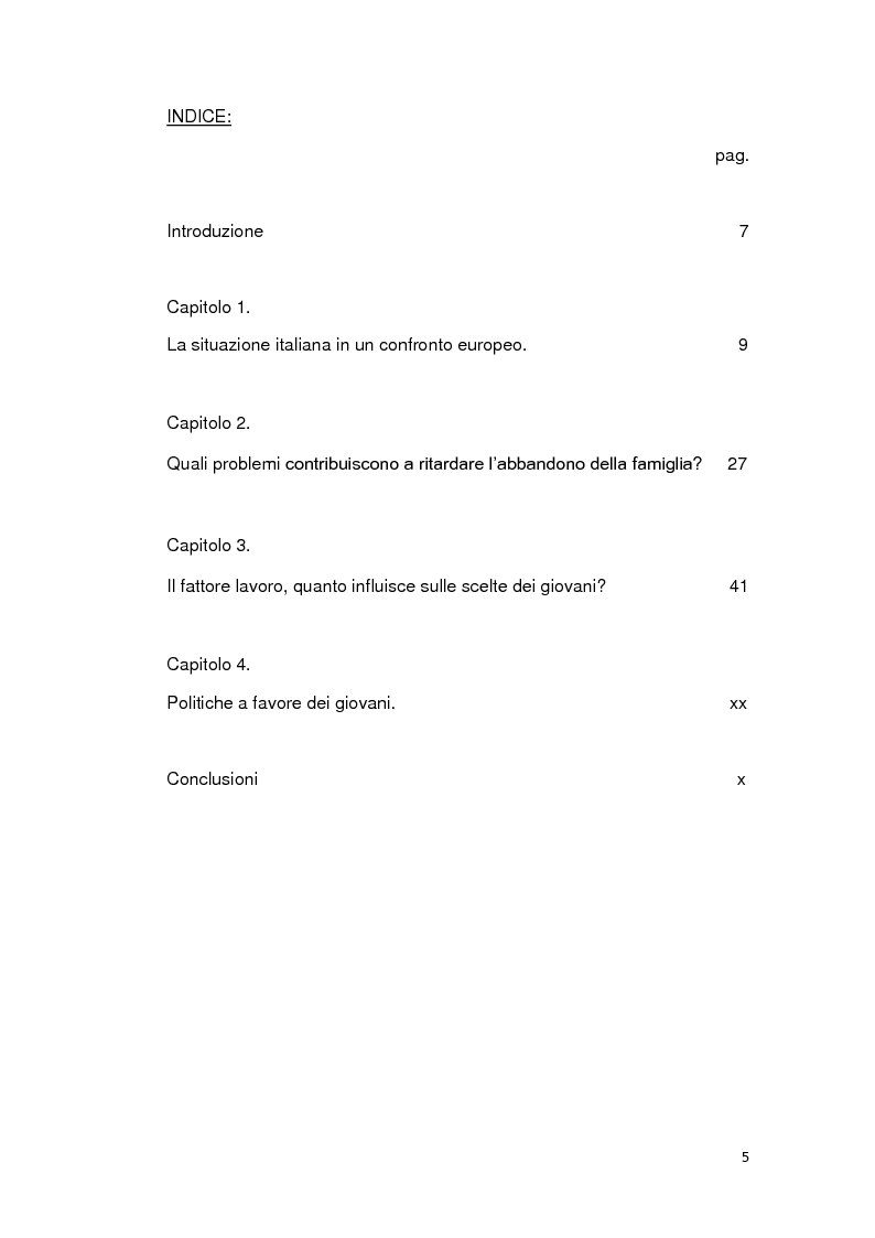 Indice della tesi: Le ragioni della permanenza in famiglia dei giovani adulti italiani, Pagina 1