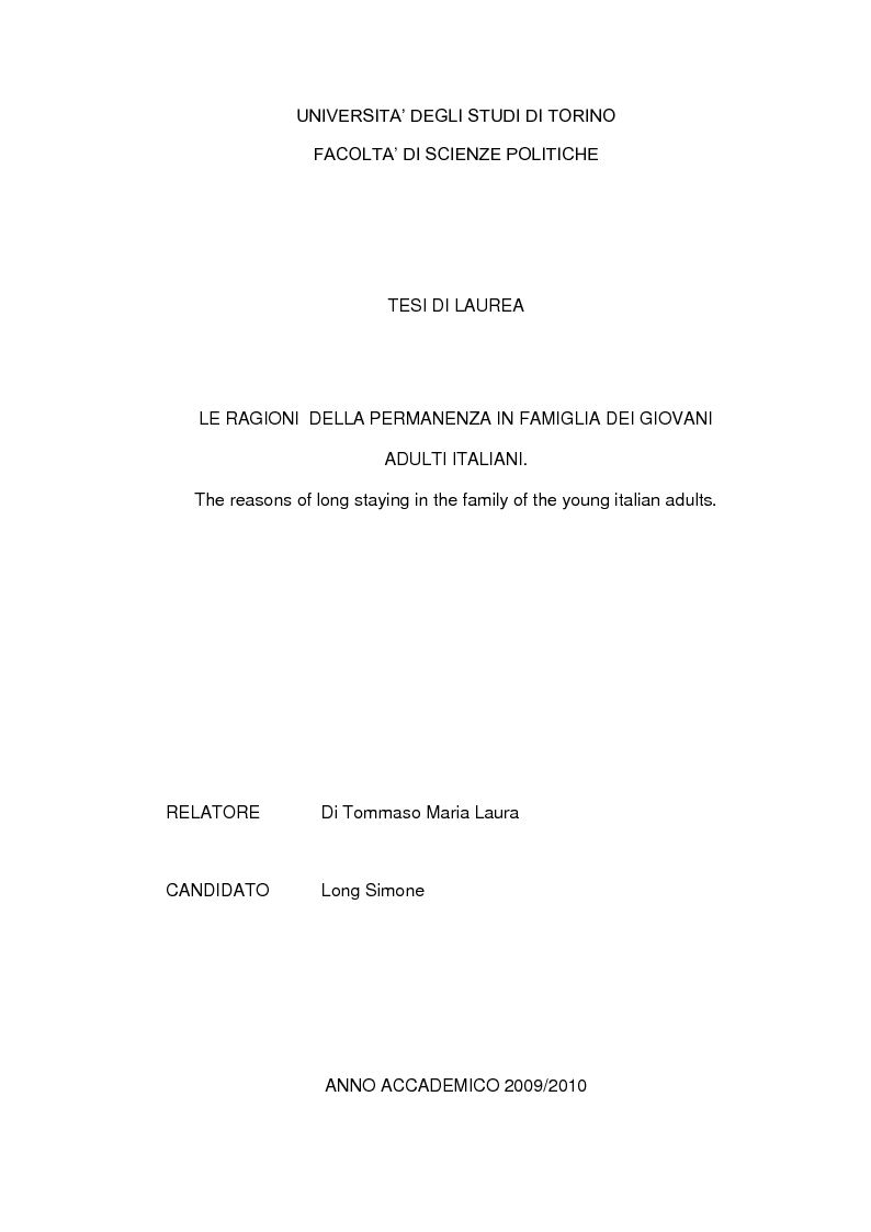 Anteprima della tesi: Le ragioni della permanenza in famiglia dei giovani adulti italiani, Pagina 1