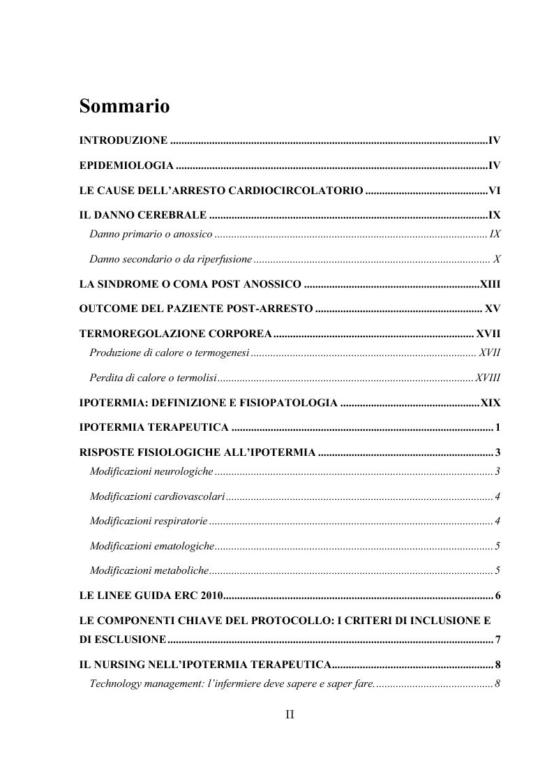 Indice della tesi: L'ipotermia terapeutica e le nuove linee guida 2010: una nuova prospettiva per i pazienti dopo arresto cardiocircolatorio, Pagina 1