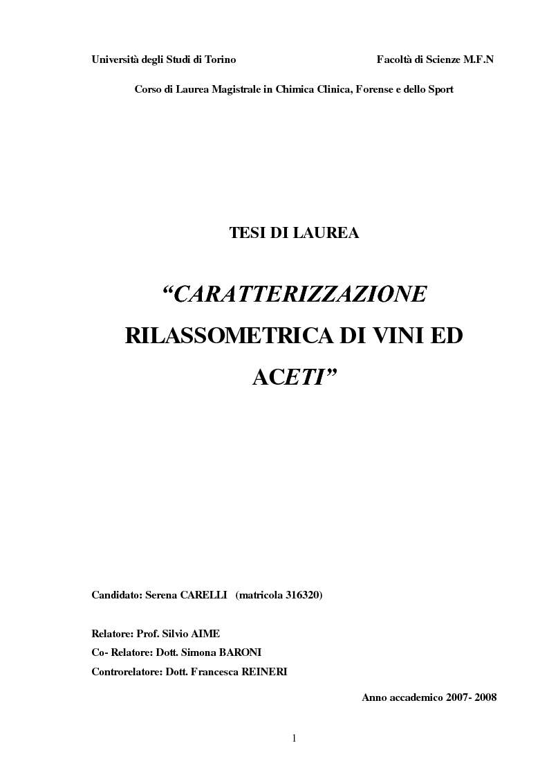 Anteprima della tesi: Caratterizzazione rilassometrica di vini ed aceti, Pagina 1