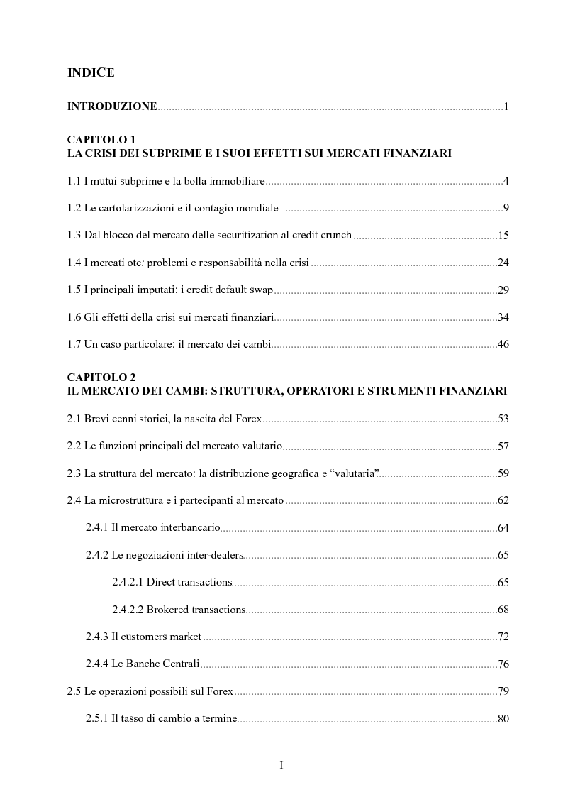Indice della tesi: Gli effetti della crisi sui mercati finanziari. L'eccezione del Forex, Pagina 1