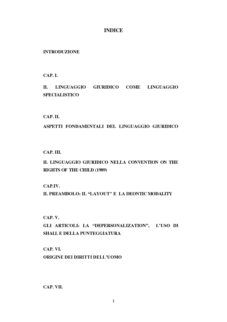Indice della tesi: Analisi di alcune Keywords del linguaggio giuridico nella ''Convention on the Rights of the Child'', Pagina 1