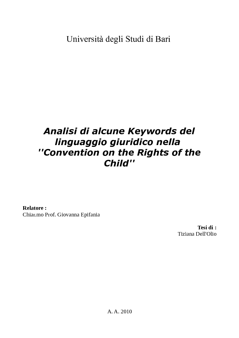 Anteprima della tesi: Analisi di alcune Keywords del linguaggio giuridico nella ''Convention on the Rights of the Child'', Pagina 1