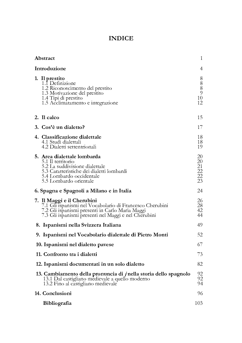 Indice della tesi: Gli ispanismi nei dialetti lombardi: l'area lombarda-occidentale, Pagina 1