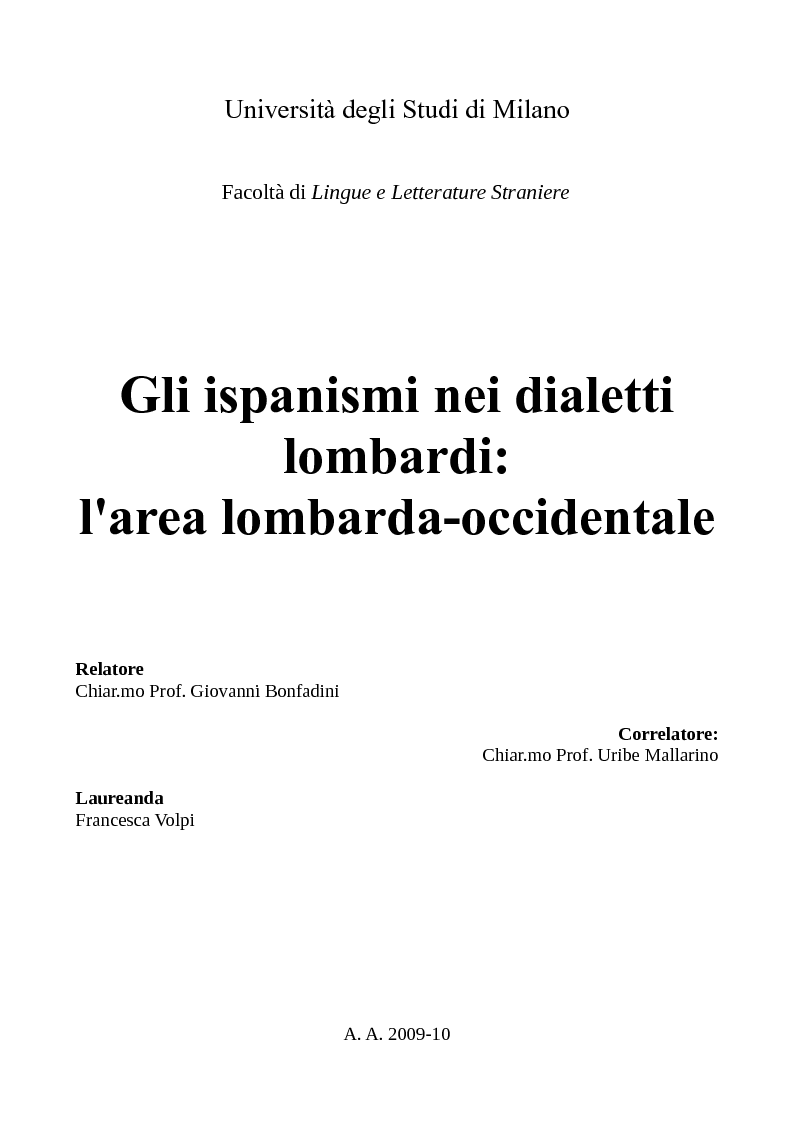 Anteprima della tesi: Gli ispanismi nei dialetti lombardi: l'area lombarda-occidentale, Pagina 1