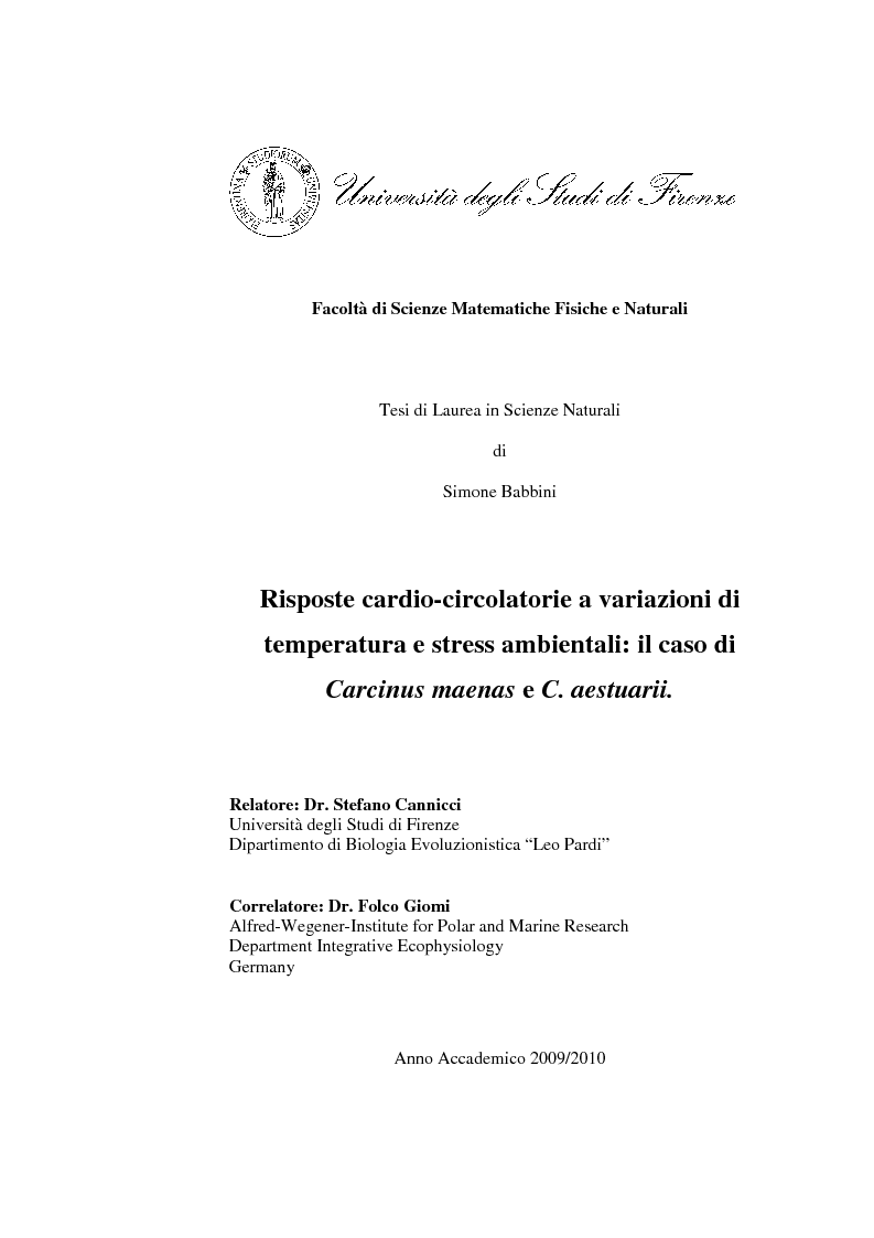 Anteprima della tesi: Risposte cardio-circolatorie a variazioni di temperatura e stress ambientali: il caso di Carcinus maenas e C. aestuarii., Pagina 1