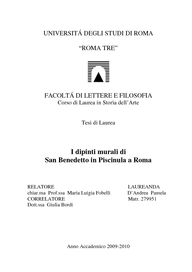 Anteprima della tesi: I dipinti murali di S. Benedetto in Piscinula a Roma, Pagina 1