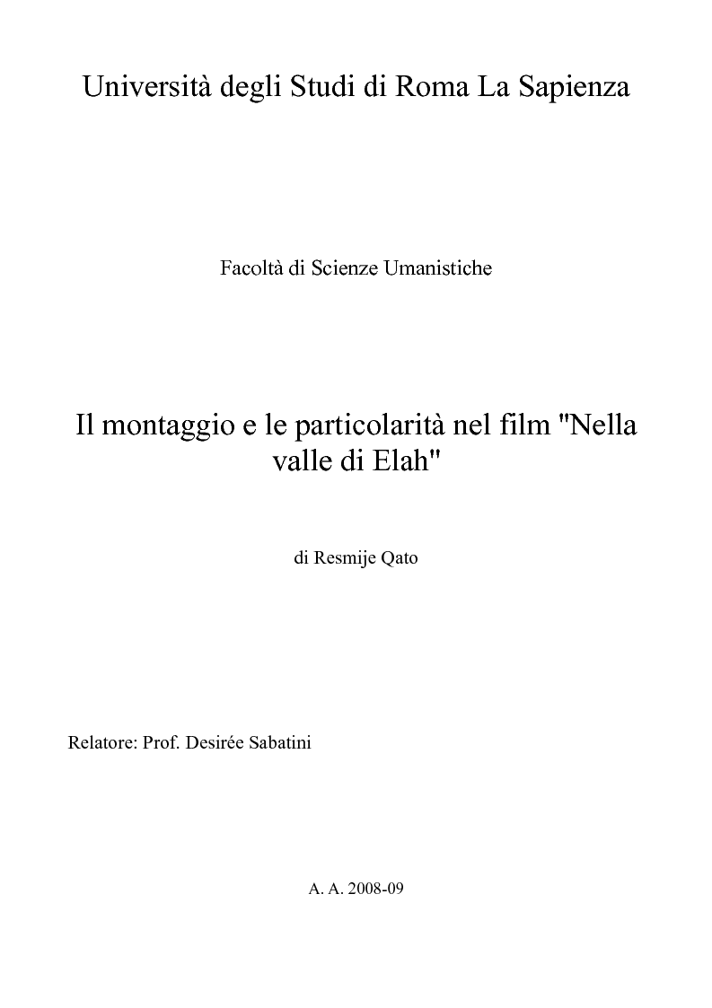 Anteprima della tesi: Il montaggio e le particolarità nel film ''Nella valle di Elah'', Pagina 1