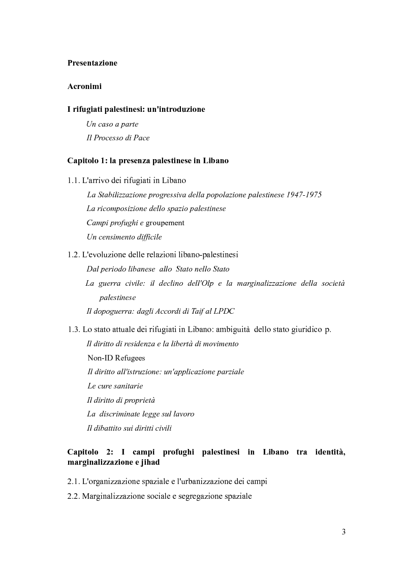 Indice della tesi: Identità, marginalizzazione e conflitto nei campi profughi palestinesi in Libano. Il campo di Nahr el-Bared., Pagina 1