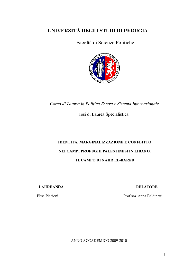 Anteprima della tesi: Identità, marginalizzazione e conflitto nei campi profughi palestinesi in Libano. Il campo di Nahr el-Bared., Pagina 1
