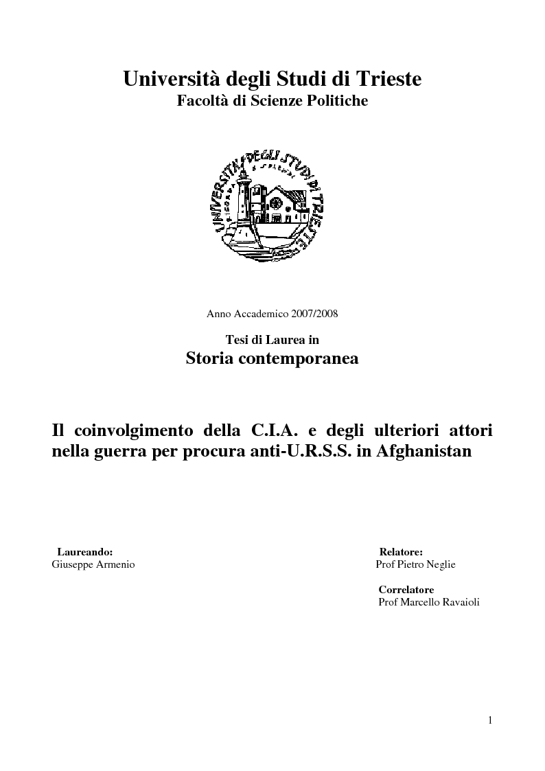 Anteprima della tesi: Il coinvolgimento della Cia e degli ulteriori attori nella guerra per procura anti-Urss in Afghanistan, Pagina 1