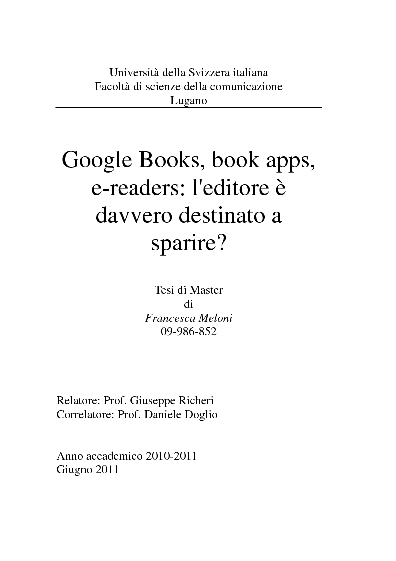 Anteprima della tesi: Google Books, book apps, e-readers: l'editore è davvero destinato a sparire?, Pagina 1